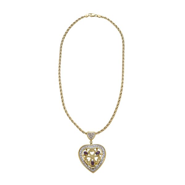 Chain with heart pendant in yellow gold, white gold, diamonds and rubies