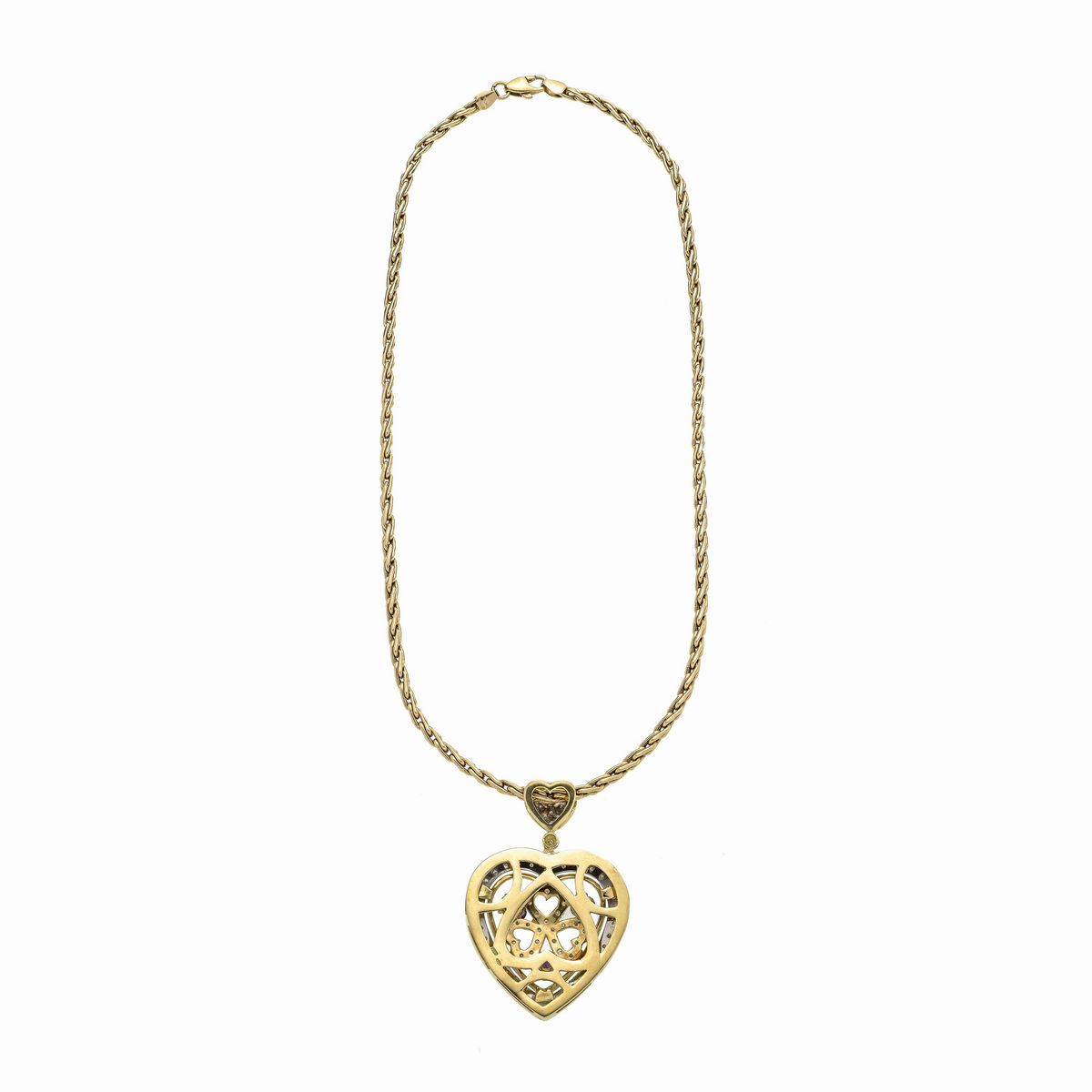 Catena con Pendente a Cuore in Oro Giallo, Oro Bianco, Diamanti e Rubini