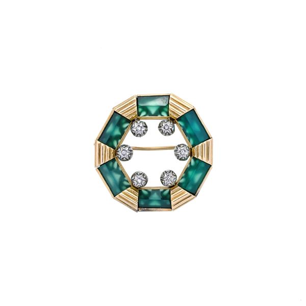 Hexagonal brooch in yellow gold, white gold, green stone and diamonds