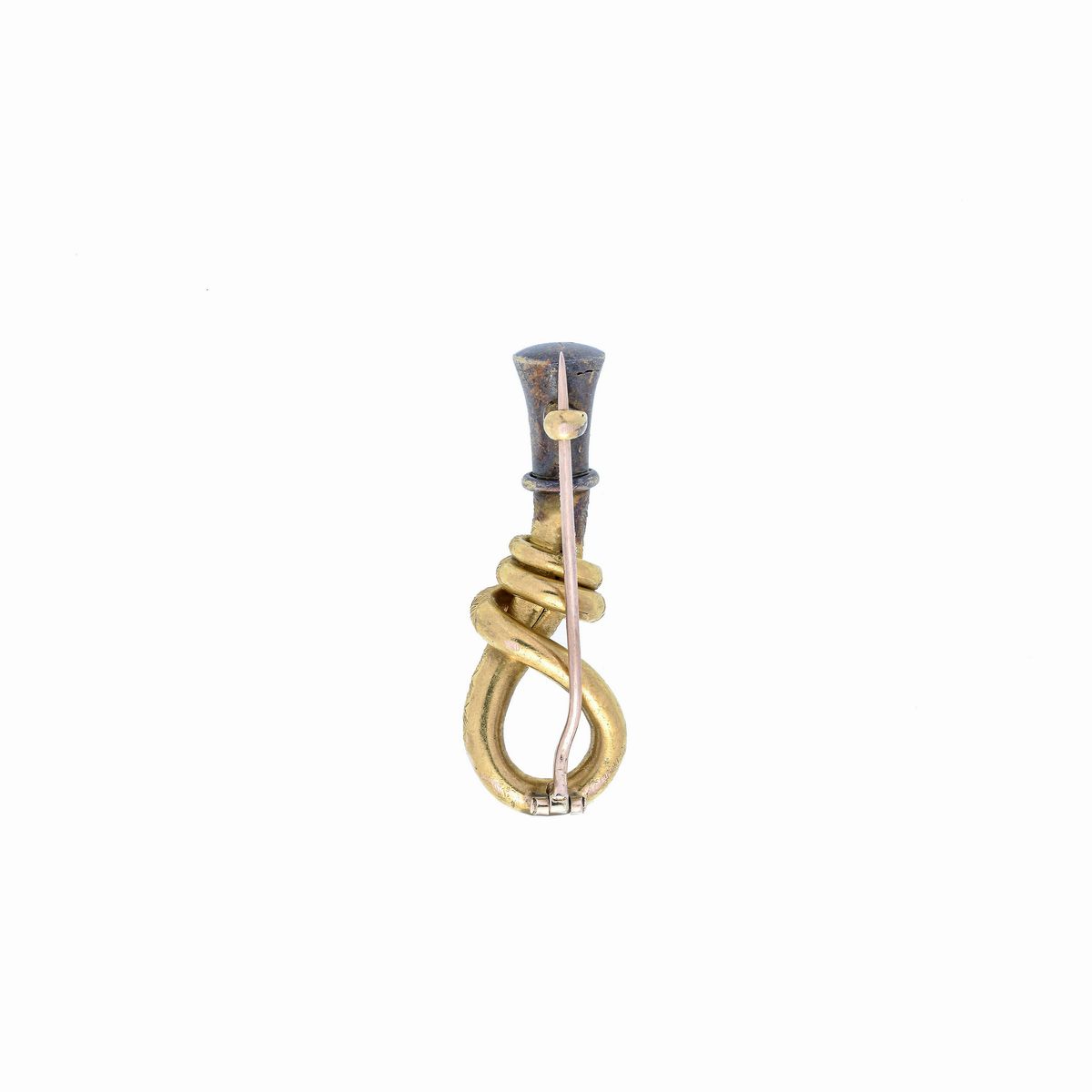 Spilla Cornucopia con serpente in oro giallo 14 kt, diamanti e rubini