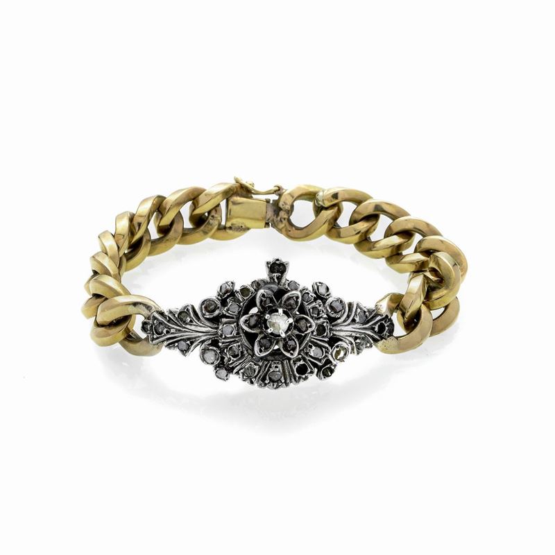 Bracciale in oro giallo, oro bianco, argento e rose di diamante