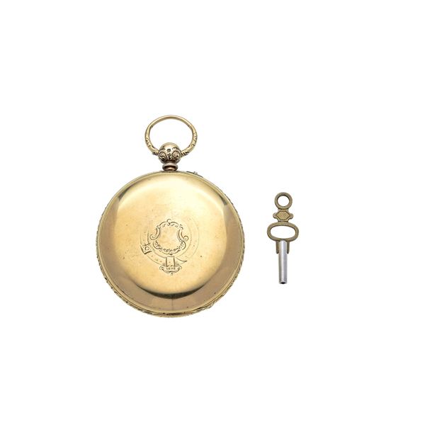Pocket watch with double case in 18 kt yellow gold