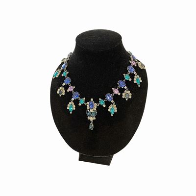 Devant De Corsage Bijoux in Metallo Bianco,strass Blu, Turchesi e Viola