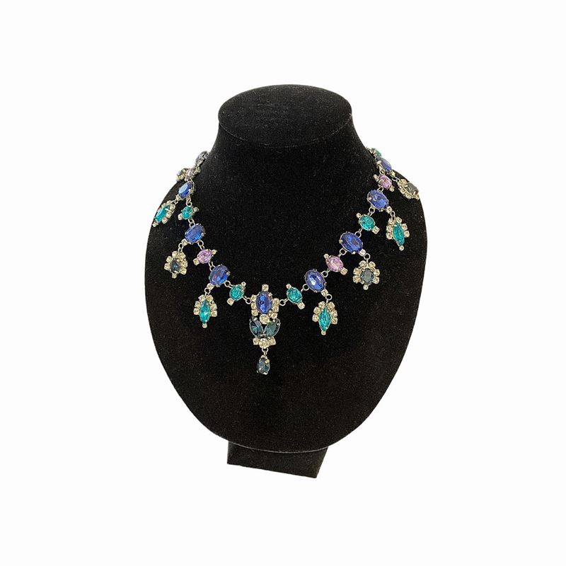 Devant De Corsage Bijoux in Metallo Bianco,strass Blu, Turchesi e Viola