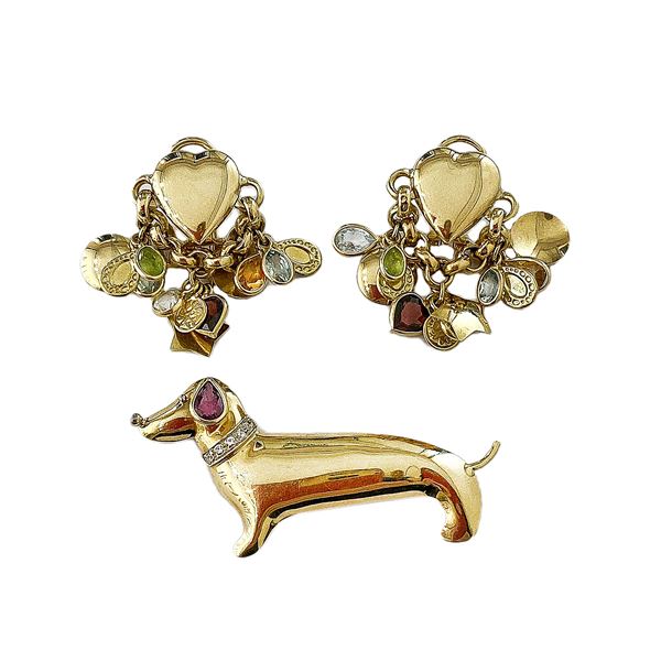 Pair of Dachshund earrings and brooch in yellow gold, diamonds, rubies and colored quartz