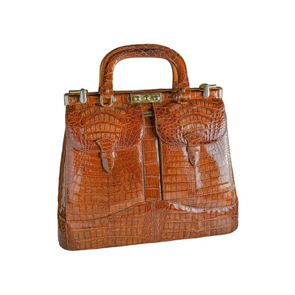 CARDIN PIERRE - Grande borsa a mano in coccodrillo marrone chiaro