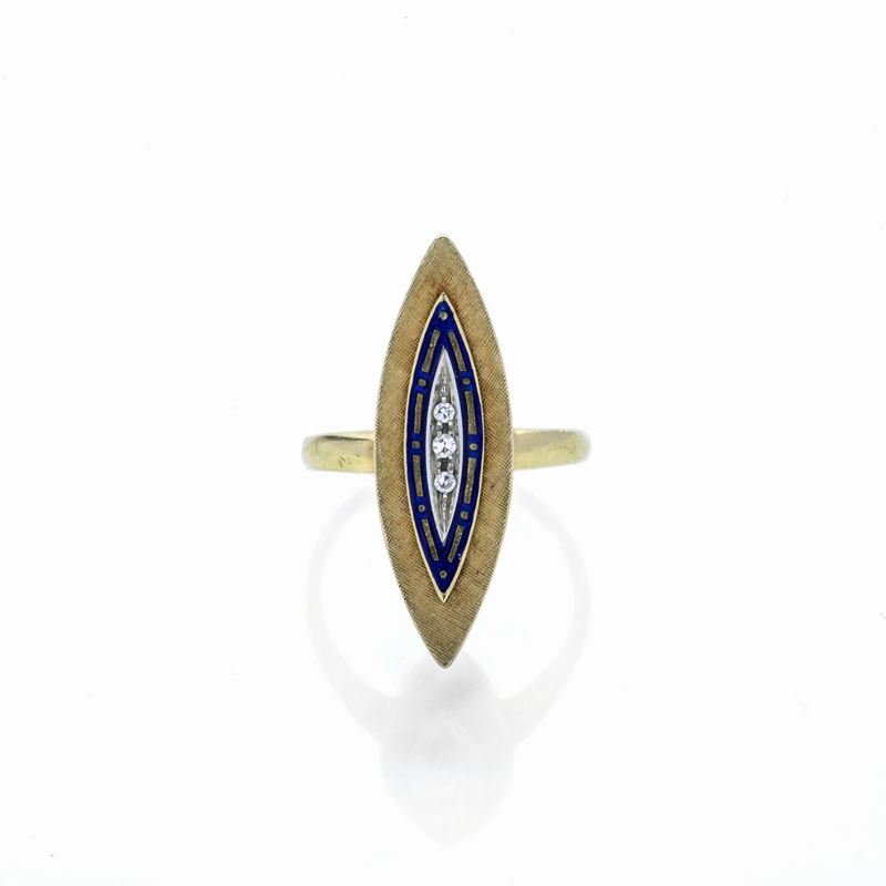 Anello a losanga in oro giallo, smalto blu e diamanti
