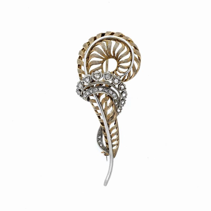 Spilla Piuma in oro giallo, oro bianco e diamanti
