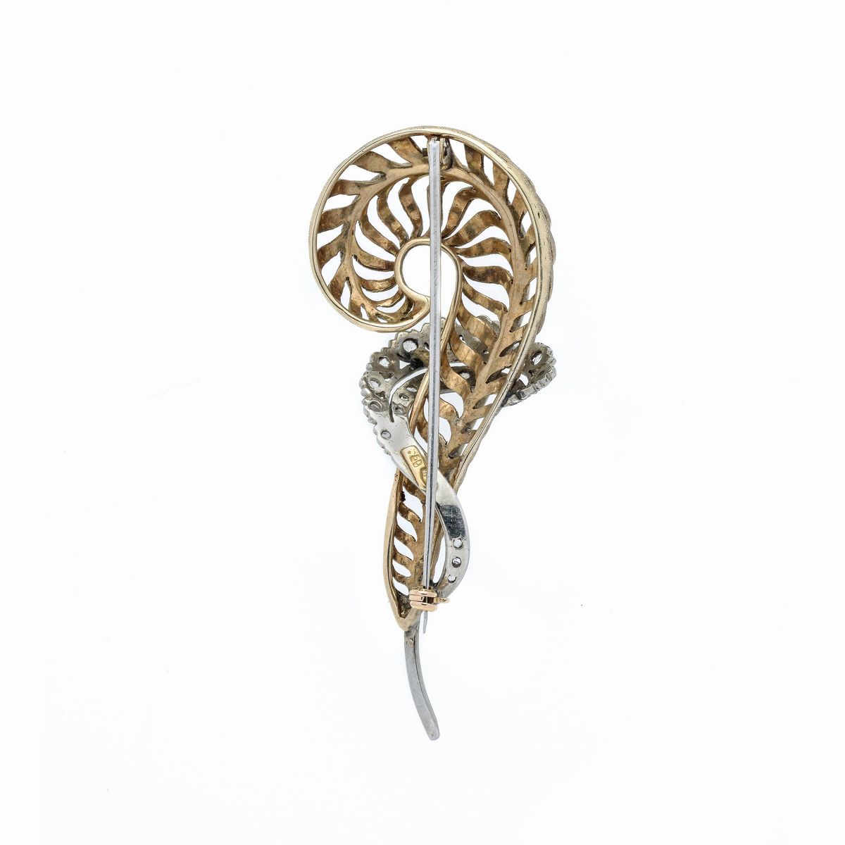 Spilla Piuma in oro giallo, oro bianco e diamanti