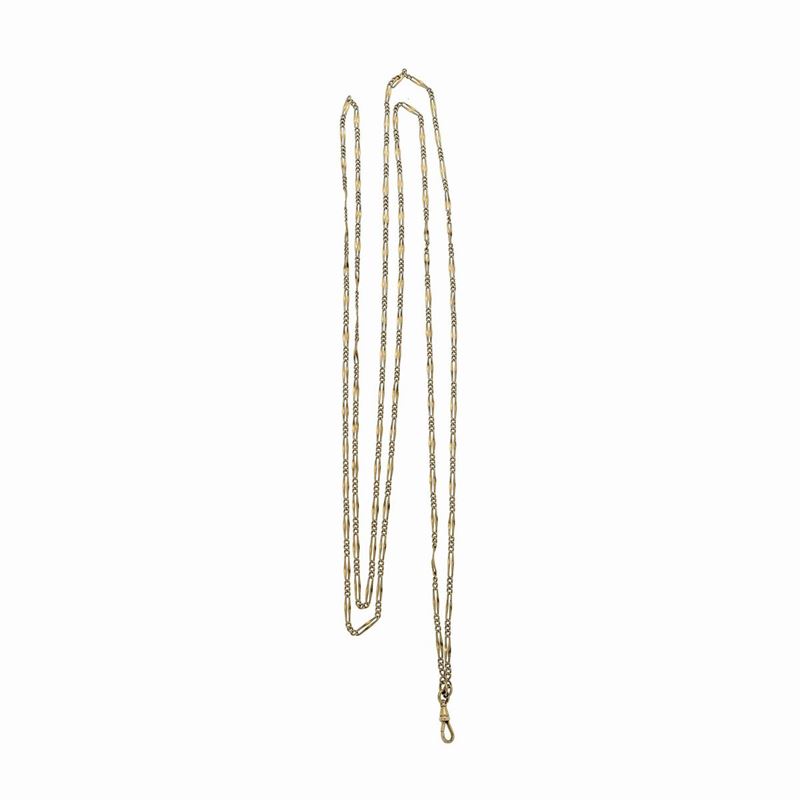 Lunga catena da orologio con moschettone in oro giallo 18 kt