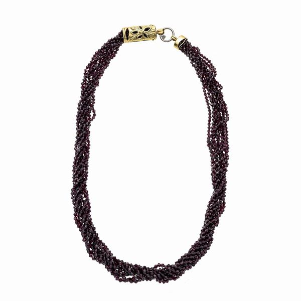 Grande collana torchon in granato, oro giallo, oro bianco e diamante