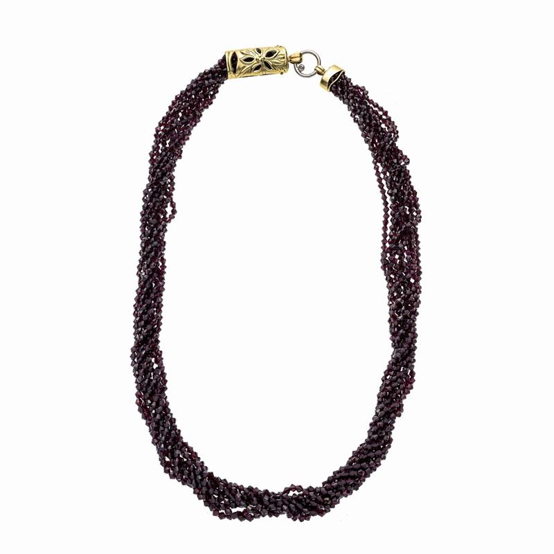 Grande Collana Torchon in Granato, Oro Giallo, Oro Bianco e Diamante