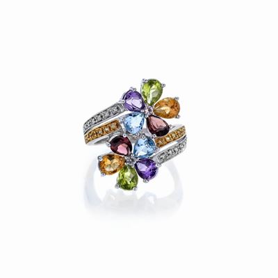 Anello Fiori in Oro Bianco, Diamanti e Pietre Colorate