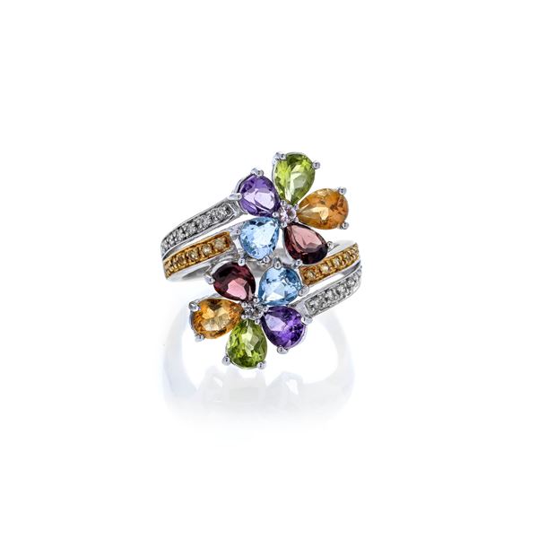 Fiori ring in white gold, diamonds and colored stones