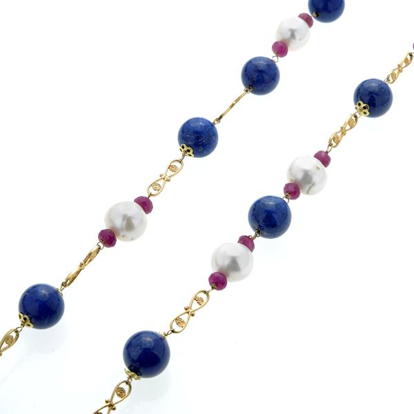 Long necklace in yellow gold, pearls, lapis lazuli and rubies