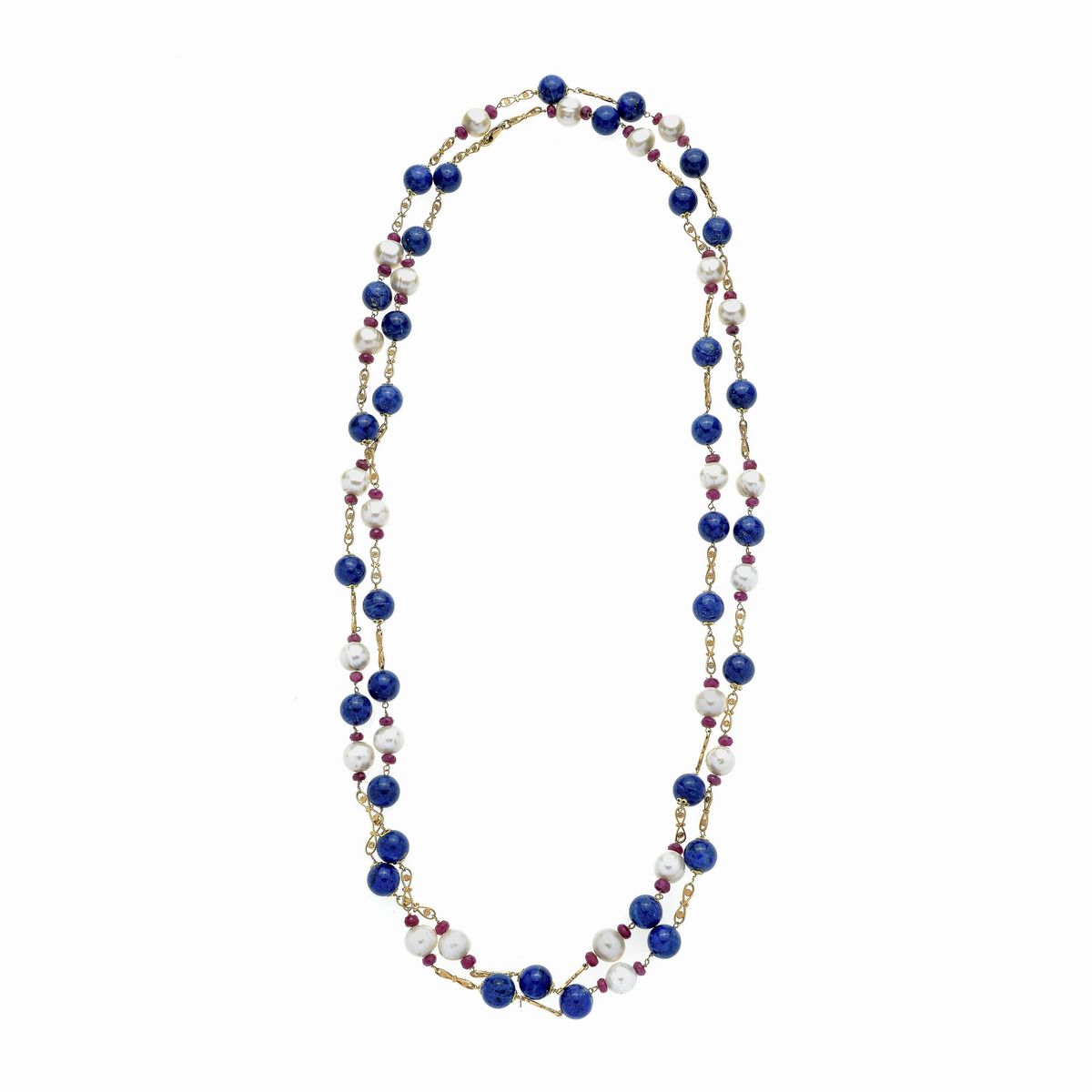 Lunga collana in oro giallo, perle, lapislazzuli e rubini