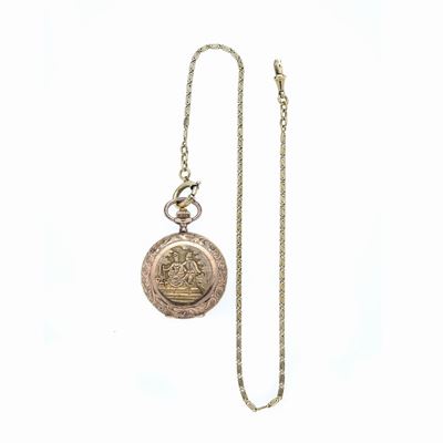 Orologio da Tasca in Oro Rosa Inciso 12 Kt e Catena da Orologio in Oro Giallo 18 Kt