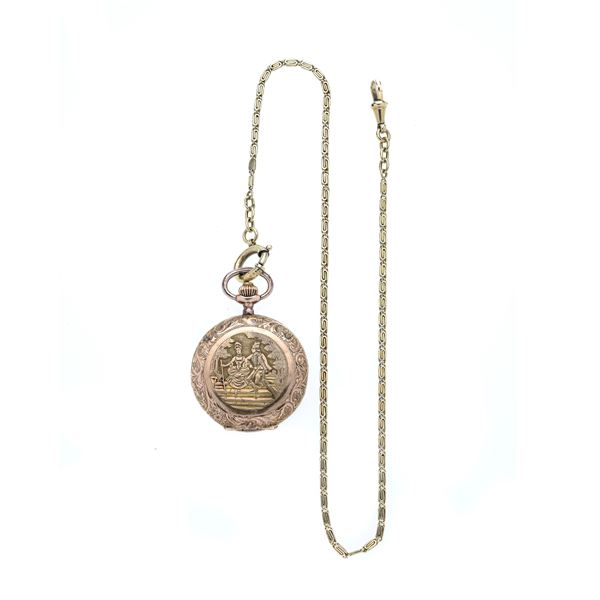 Engraved 12 kt rose gold pocket watch and 18 kt yellow gold watch chain