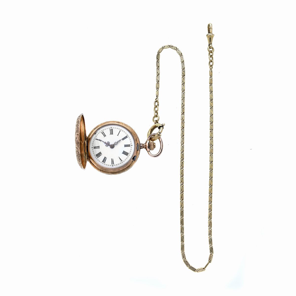 Orologio da Tasca in Oro Rosa Inciso 12 Kt e Catena da Orologio in Oro Giallo 18 Kt