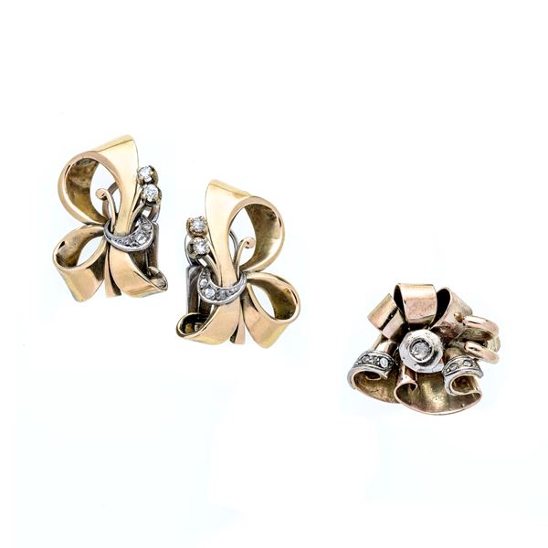 Pair of yellow and white gold and diamond bow earrings and 9 kt rose gold and diamond ring