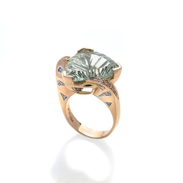 Large ring in pink gold, diamonds and blue-green quartz