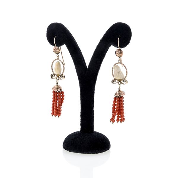 Pair of 9kt gold and white and red coral pendant earrings