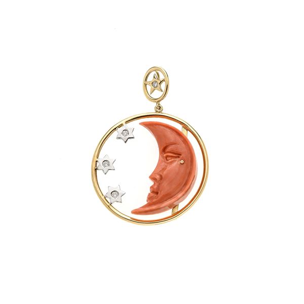Crescent moon and stars pendant in yellow gold, white gold, diamonds and red coral