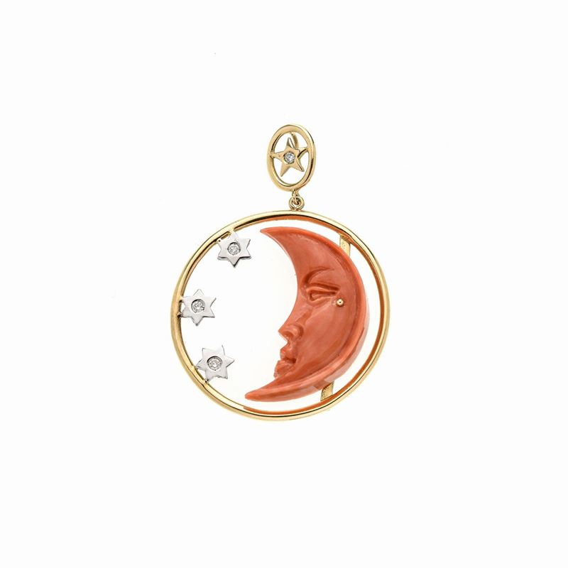 Pendente Mezzaluna e Stelle in oro giallo, oro bianco, diamanti e corallo rosso