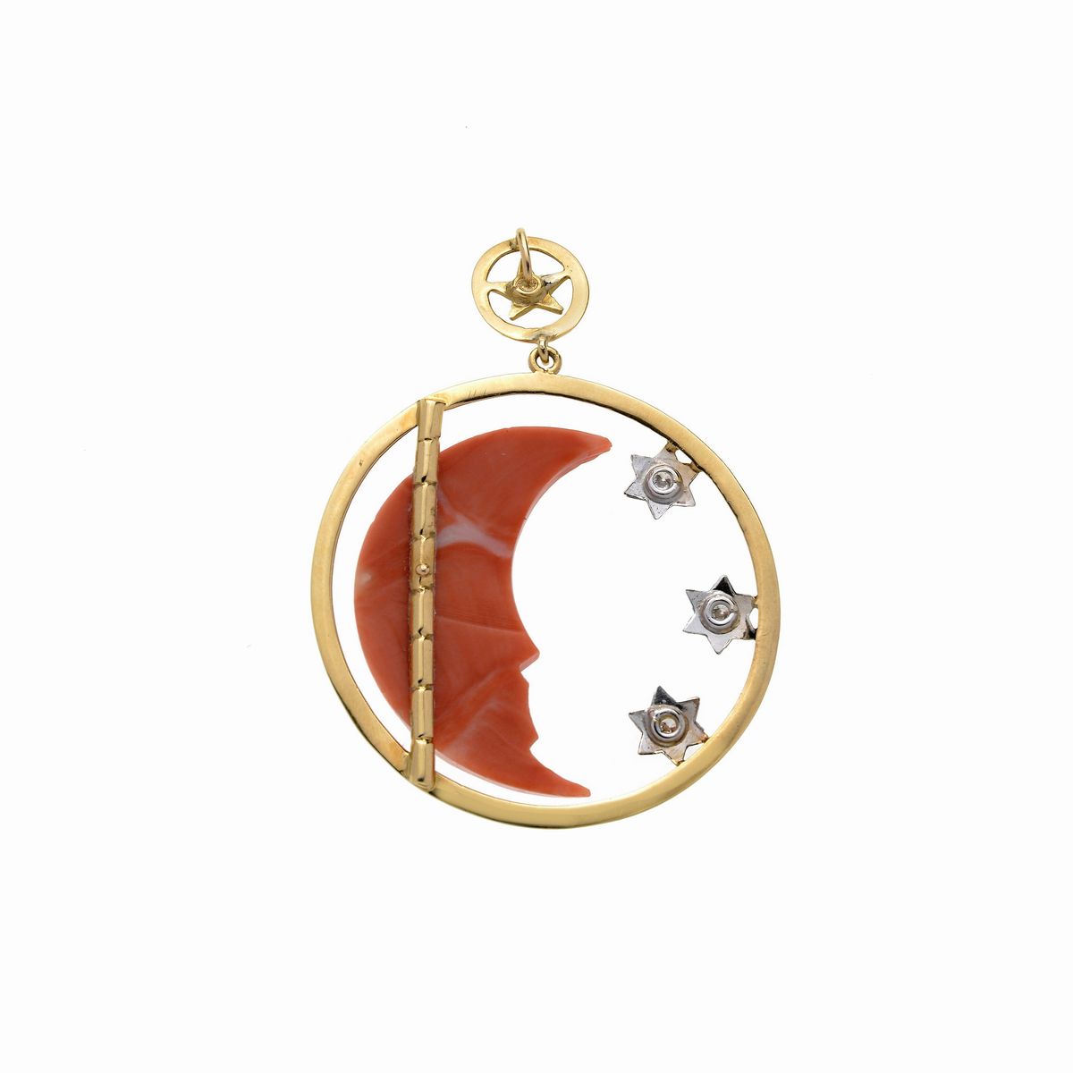 Pendente Mezzaluna e Stelle in oro giallo, oro bianco, diamanti e corallo rosso