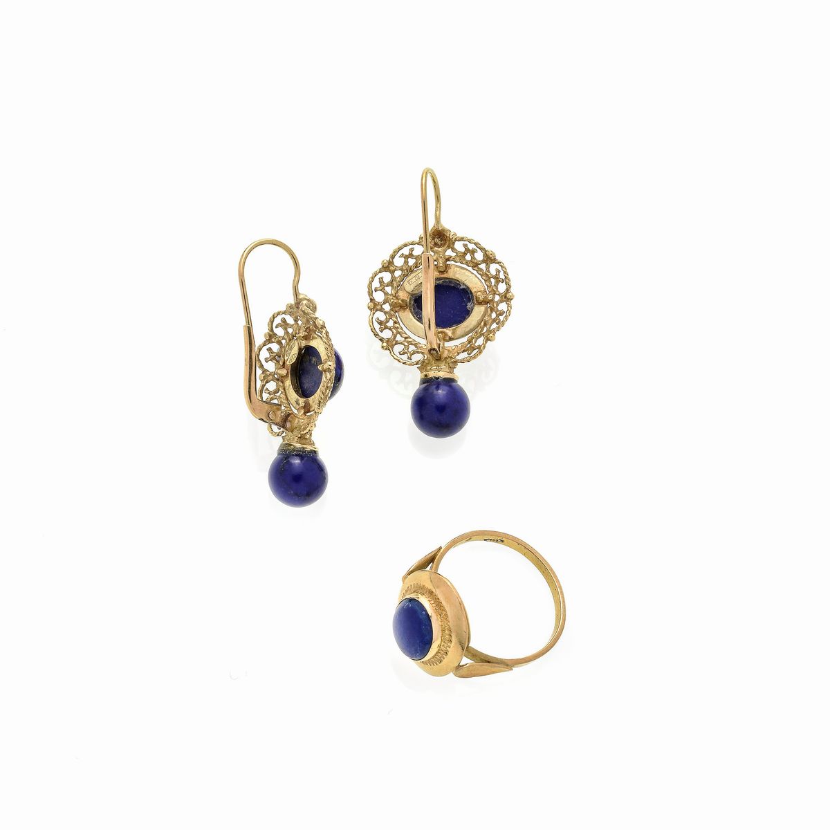 Collana con pendente, paio di orecchini ed anello in oro giallo e lapislazzuli