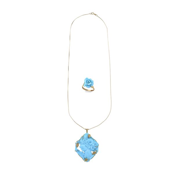 Parure in oro giallo 18 kt e pasta di turchese