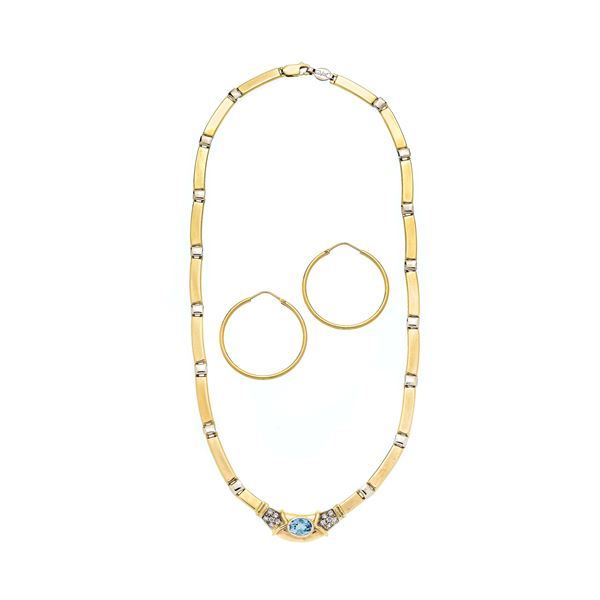 Collana semirigida in oro giallo e acquamarina e orecchini a cerchio
