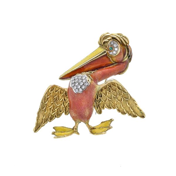 FRASCAROLO - Pelican brooch in yellow gold, diamonds and polychrome enamel