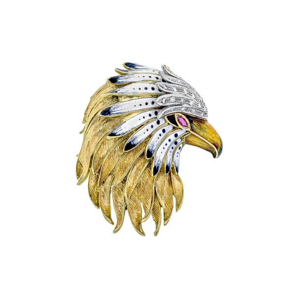 Eagle brooch in 18 kt yellow gold, diamonds and polychrome enamel