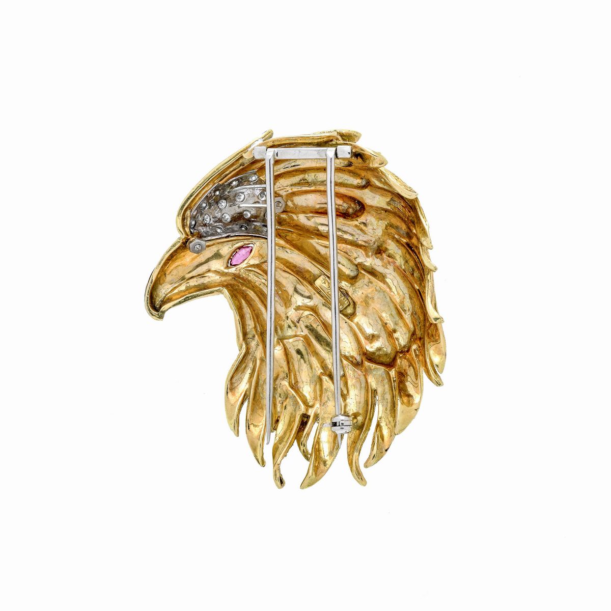 Spilla Aquila in oro giallo 18 kt, diamanti e smalti policromi