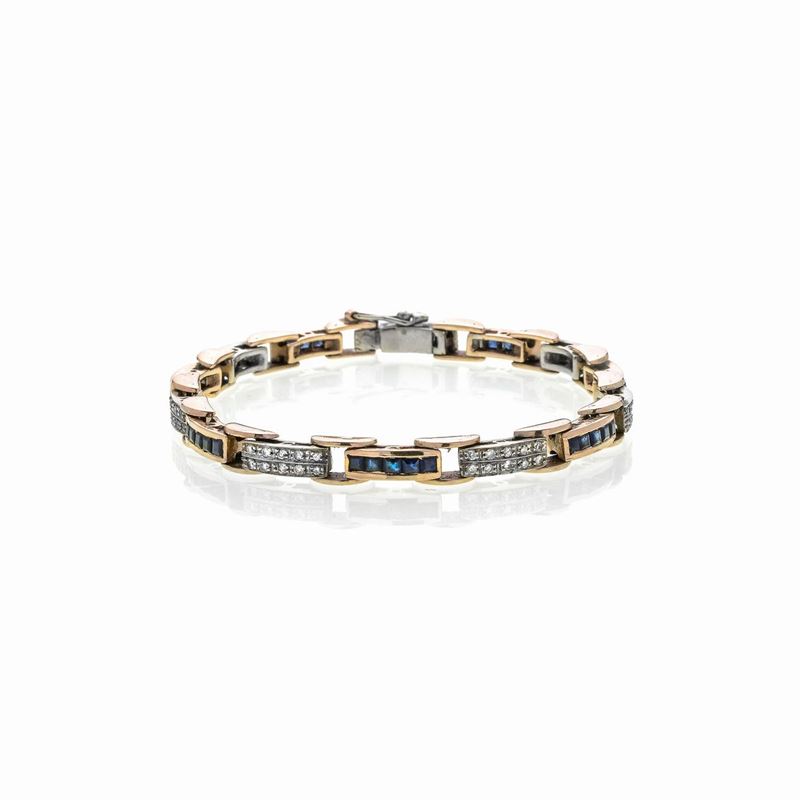 Bracciale in oro giallo 9 kt, diamanti e zaffiri