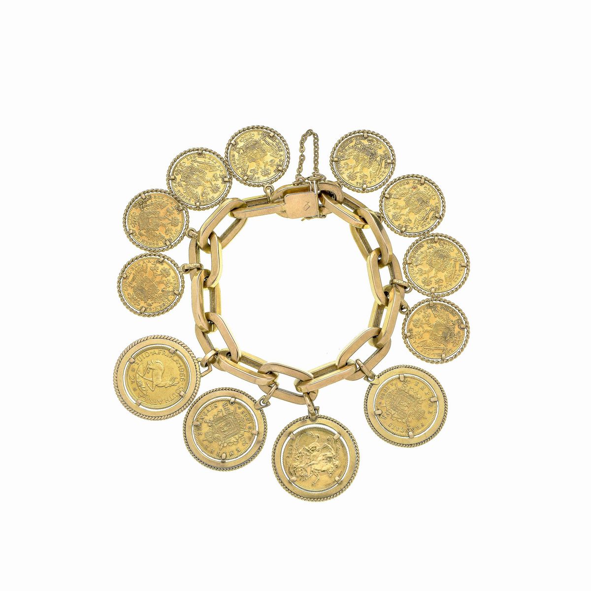 Grande bracciale in oro giallo con 12 monete