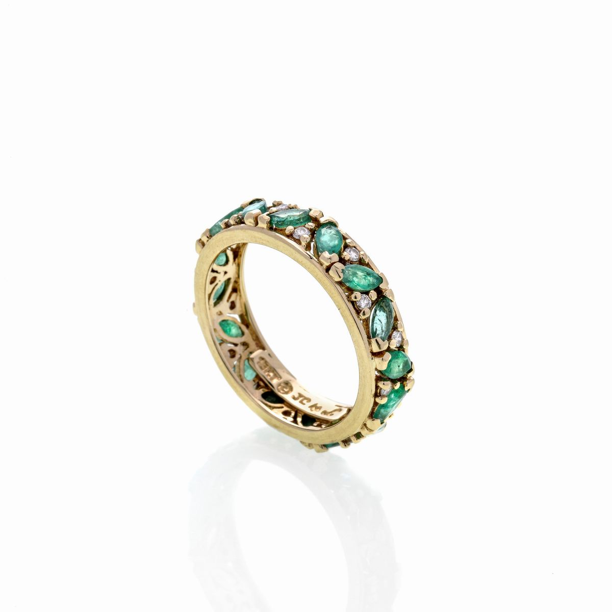 Anello Eternity in Oro Giallo 18 Kt, Diamanti e Smeraldi