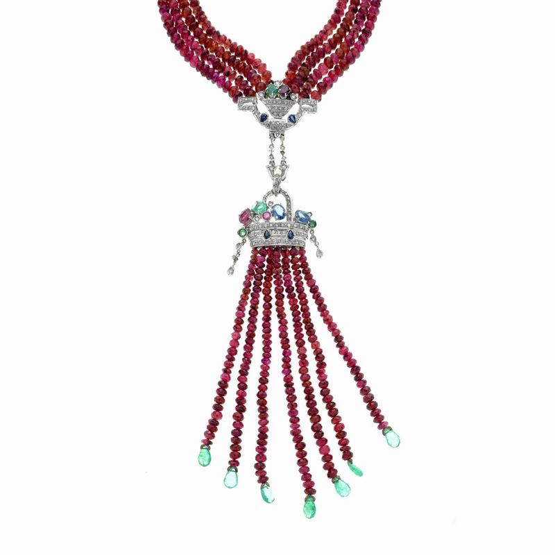 Sautoir Cestino di Frutta in oro bianco 18 kt, zaffiri, smeraldi, rubini, diamanti