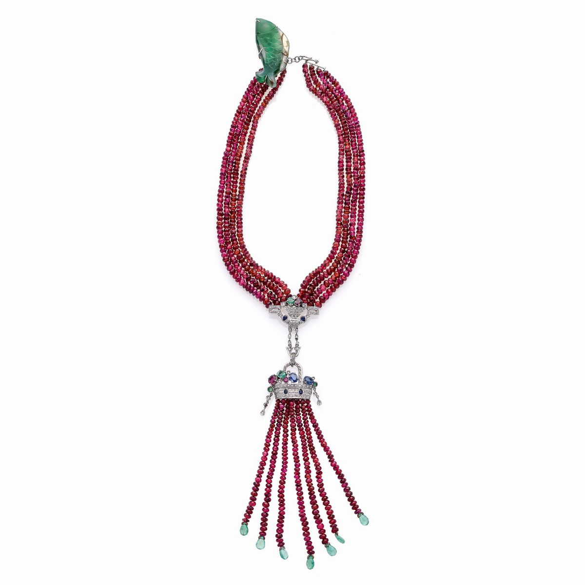 Sautoir Cestino di Frutta in oro bianco 18 kt, zaffiri, smeraldi, rubini, diamanti