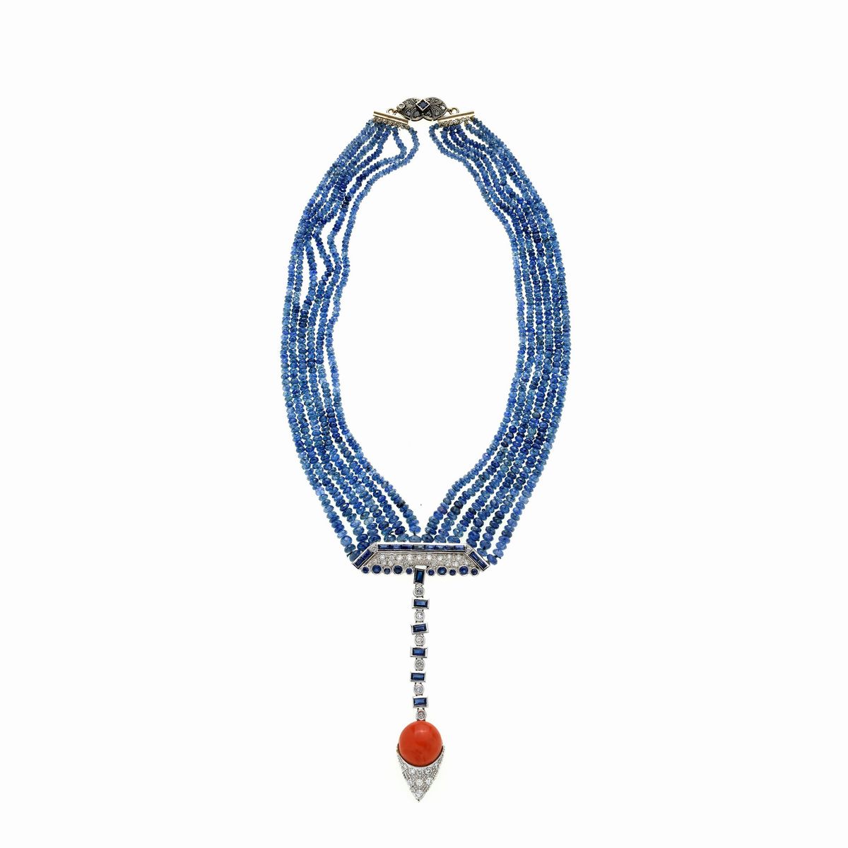 Collana in oro bianco, zaffiri, diamanti e corallo rosa