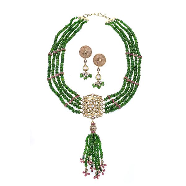 Pair of earrings and necklace in 18k yellow gold, green tourmalines, rubies, diamonds and polychrome enamel