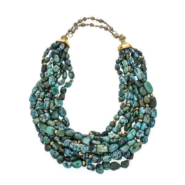 Multi-strand necklace in yellow gold and turquoise