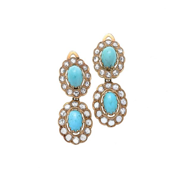 Pair of pendant earrings in rose gold, diamonds and turquoise