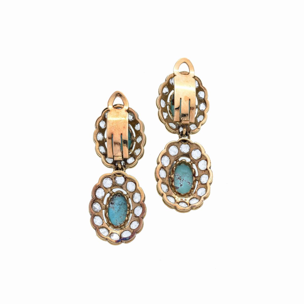 Paio di orecchini pendenti in oro rosa, diamanti e turchese
