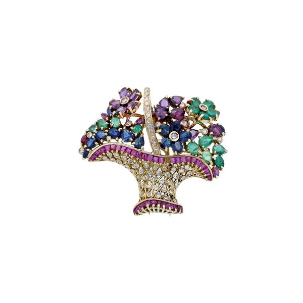 Basket of flowers clip in yellow gold, diamonds, rubies, emeralds and sapphires