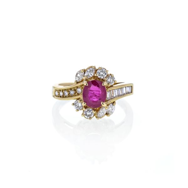 Anello in oro giallo, diamanti e rubino