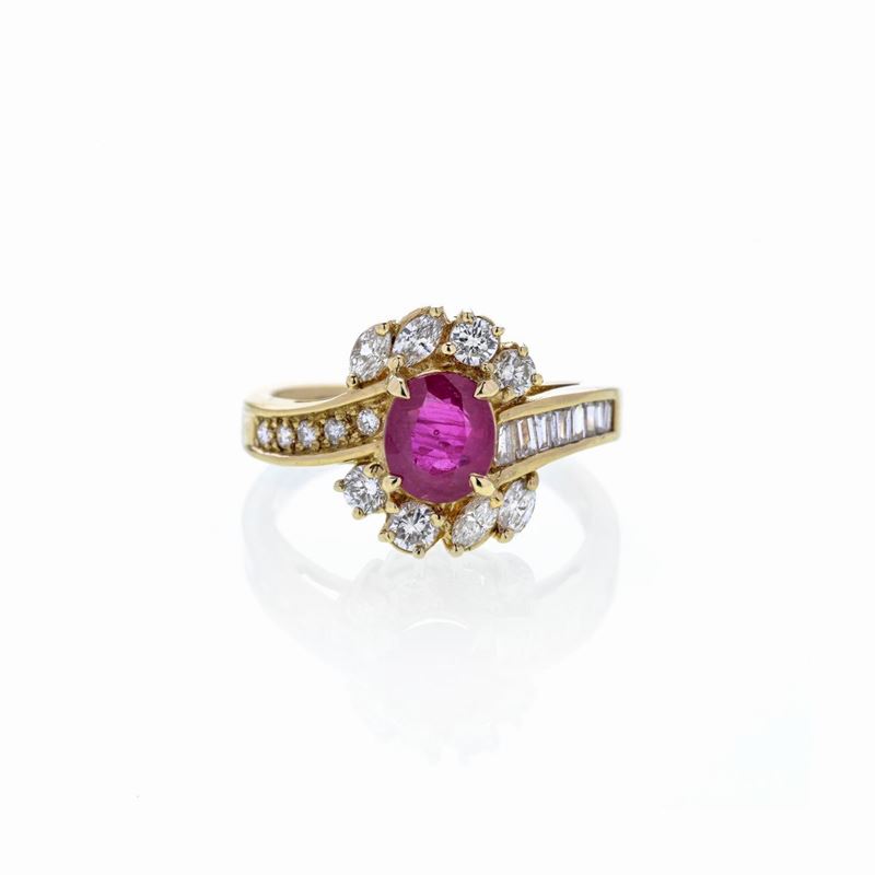 Anello in oro giallo, diamanti e rubino