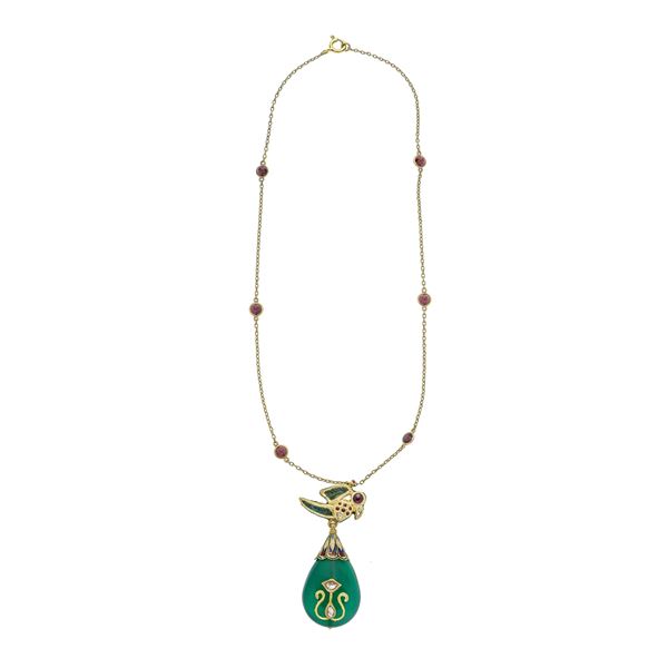 Chain with Pappagallo pendant in 18 kt yellow gold, agate, diamonds, rubies and enamel