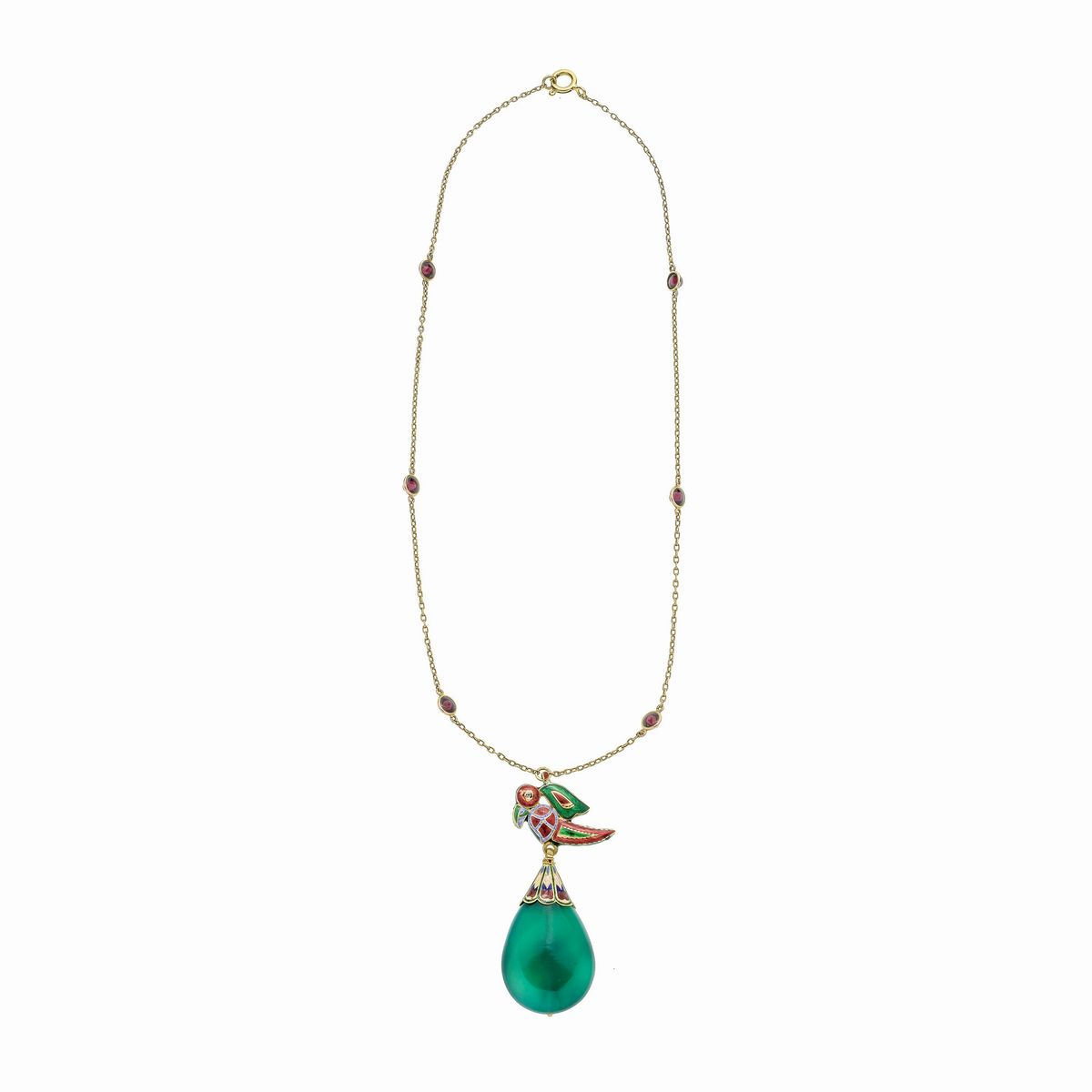 Catena con pendente Pappagallo in oro giallo18 kt, agata, diamanti, rubini e smalti